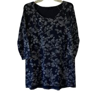 J Jill Floral Print Top Indigo Blue 3/4 length sleeve Sz Medium